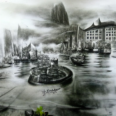 Peaceful Harbor City in Charcoal Drawing