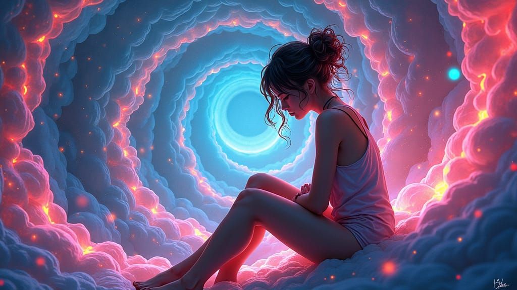 Ethereal Woman Surrounded by Cosmic Magazine Pages