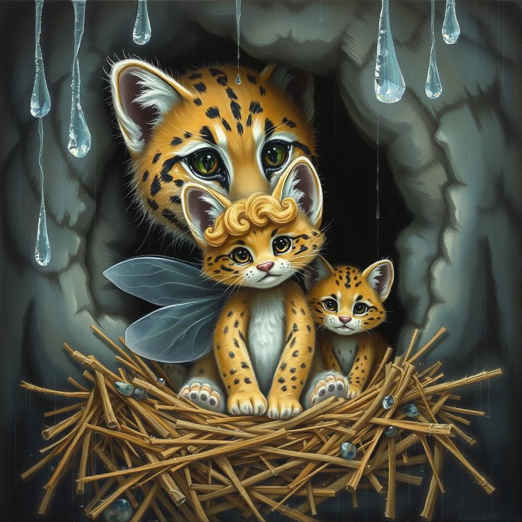 Bobcat Family Shelters Fairy From Rain, Oil Painting