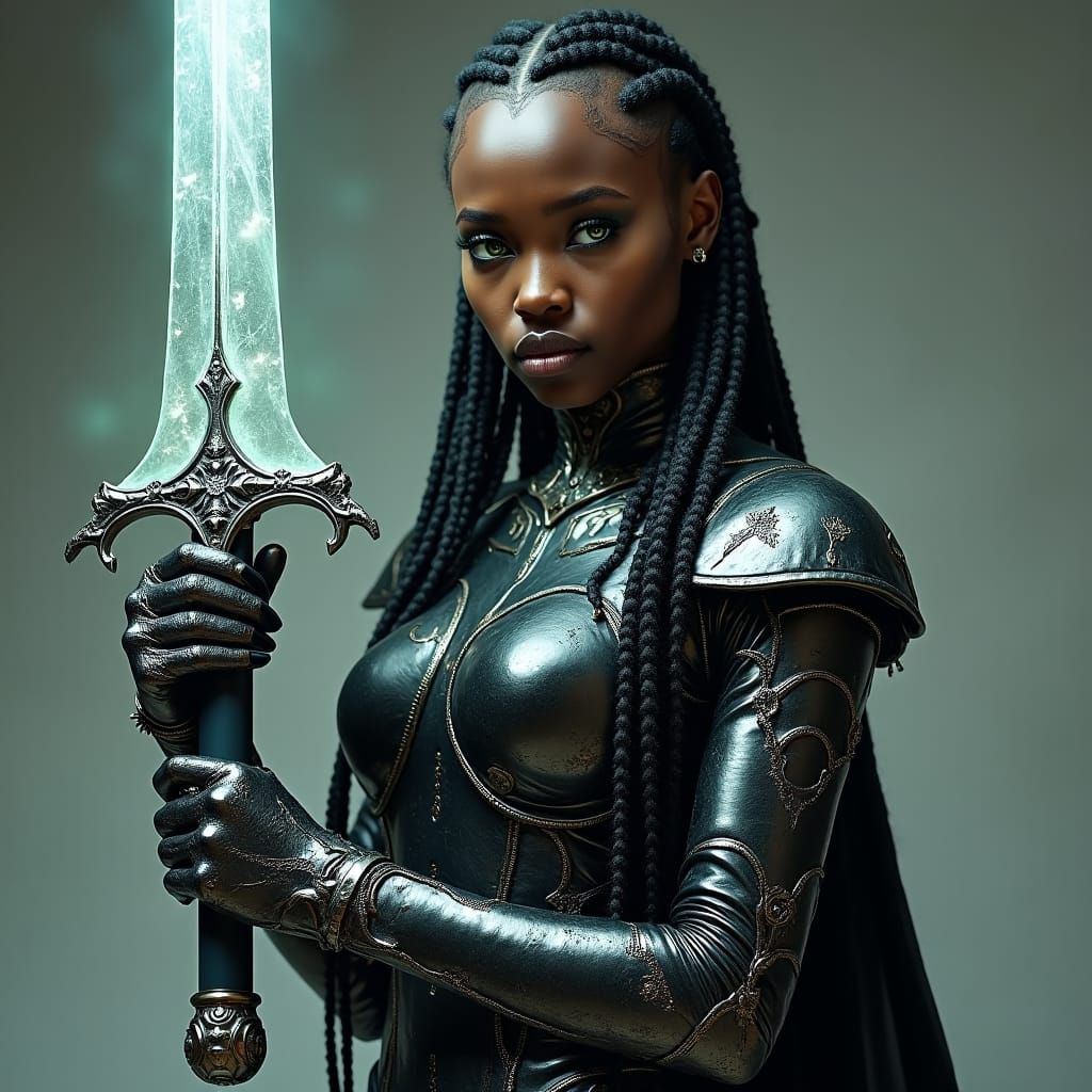 Majestic Armored Woman with Ethereal Greatsword