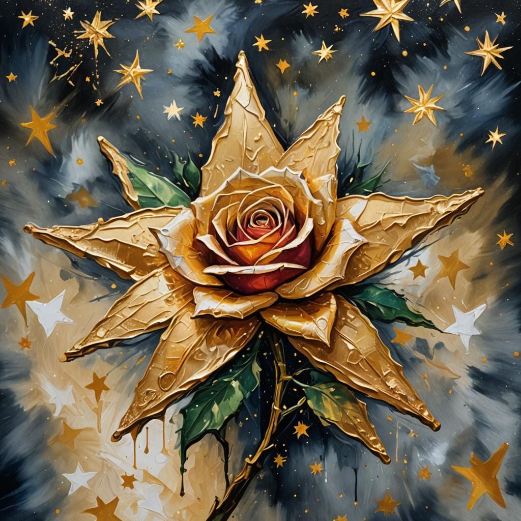 Rose in Star, Gouache Impasto Celestial Masterpiece