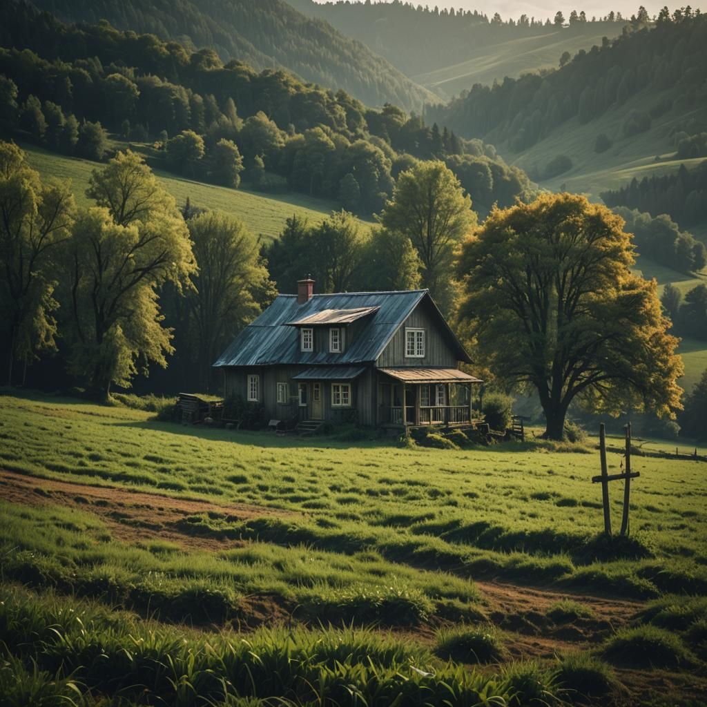Cinematic Countryside House with Film Grain Effect