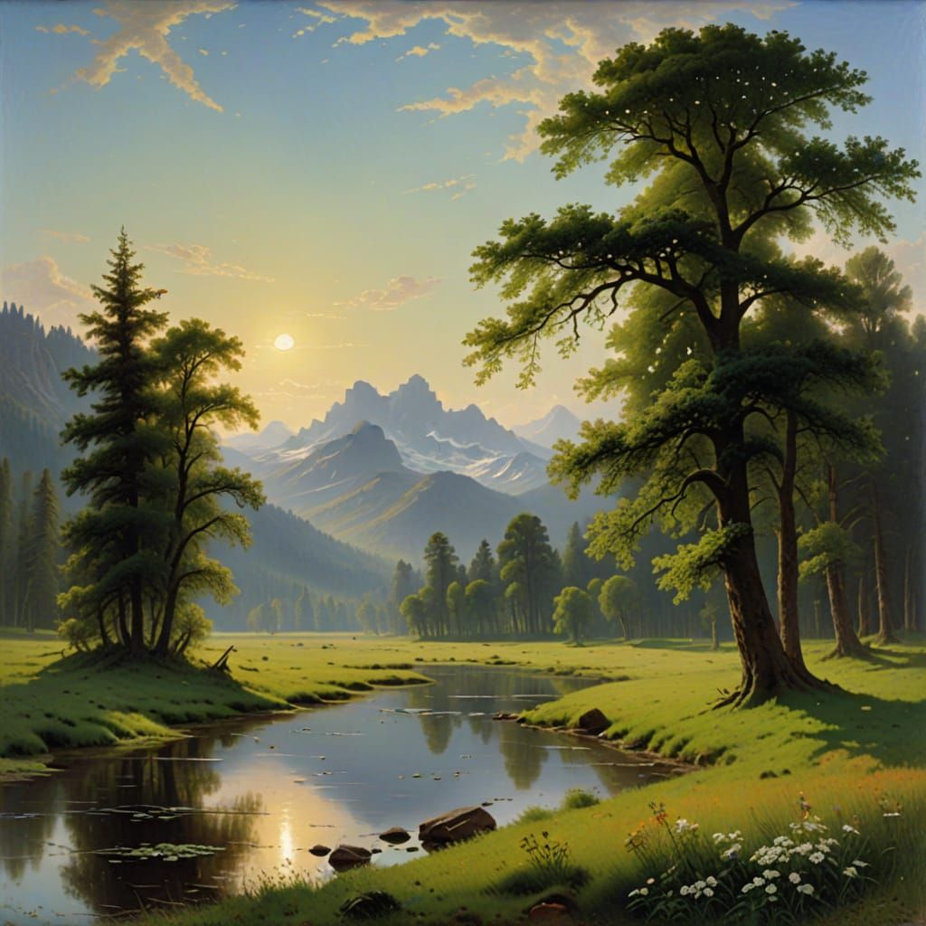Romantic Serene Meadow in Bierstadt Style Oil Painting