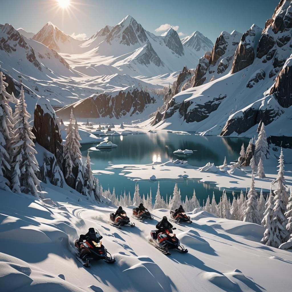 Snowmobiles in Arctic Landscape: Detailed Matte Painting