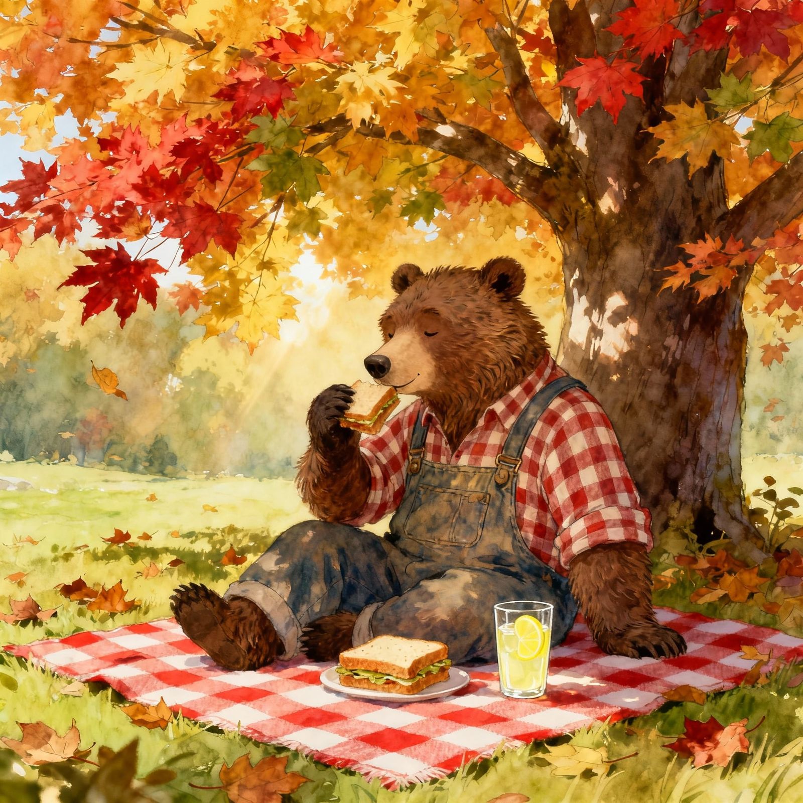 Anthropomorphic Bear Enjoys Fall Picnic Under Maple Tree