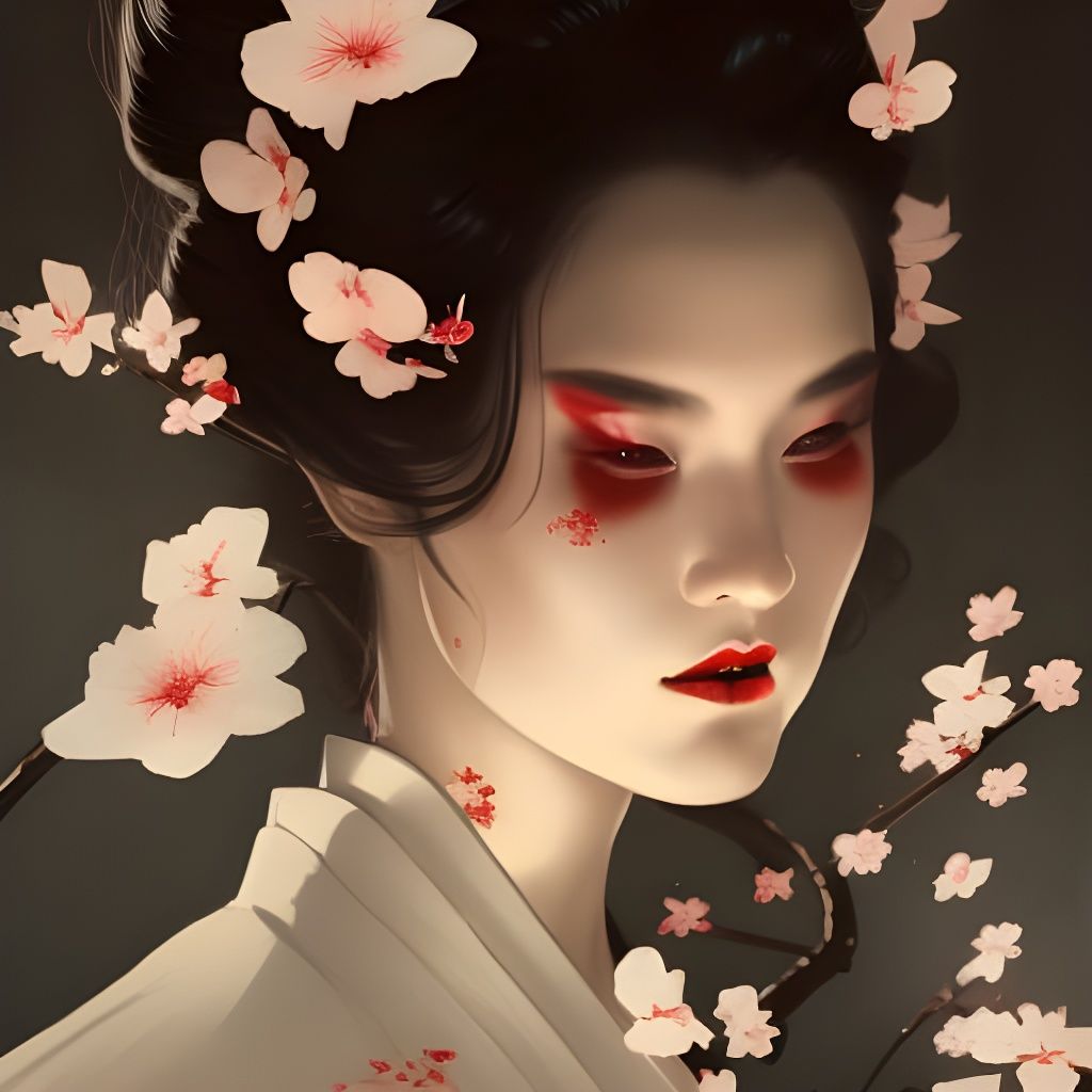 Vampire Geisha with Cherry Blossoms, Art Nouveau Style