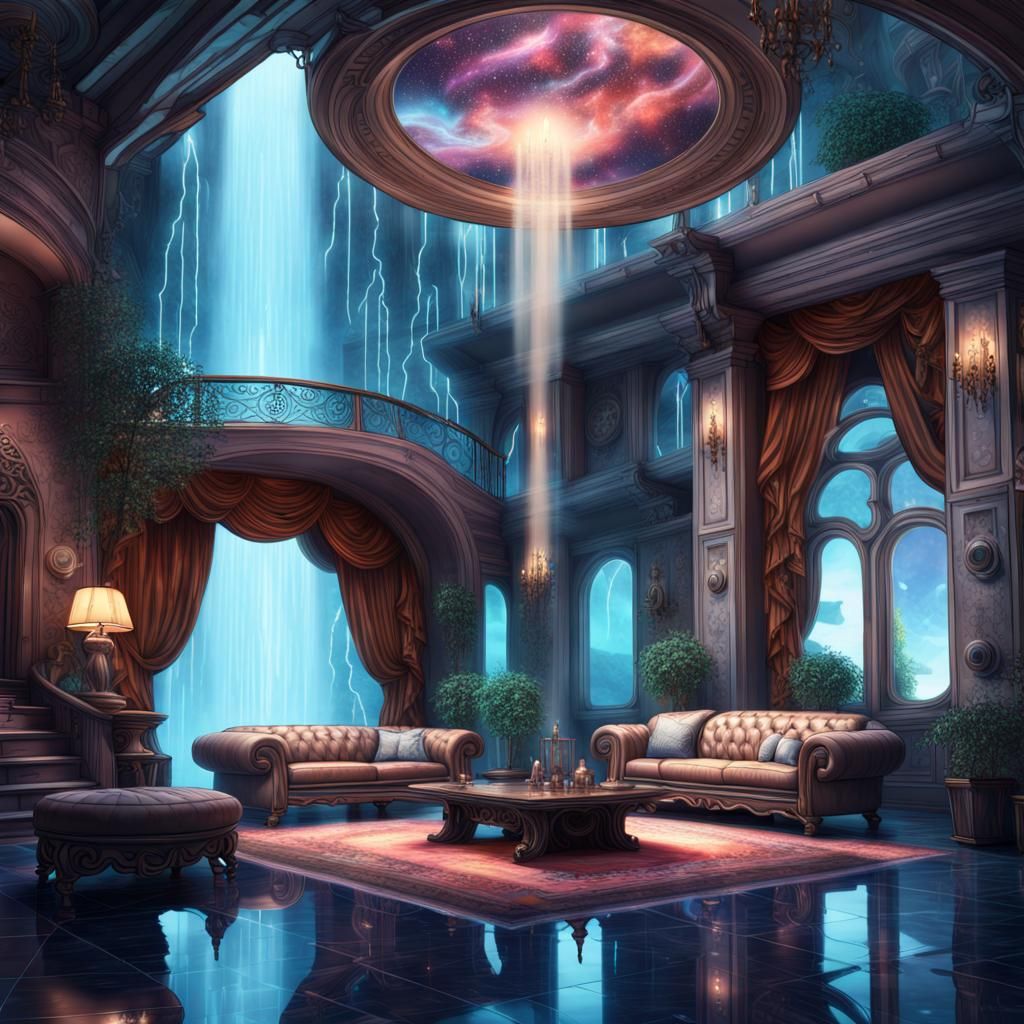 Modern Fantasy Manor Living Room with Waterfall