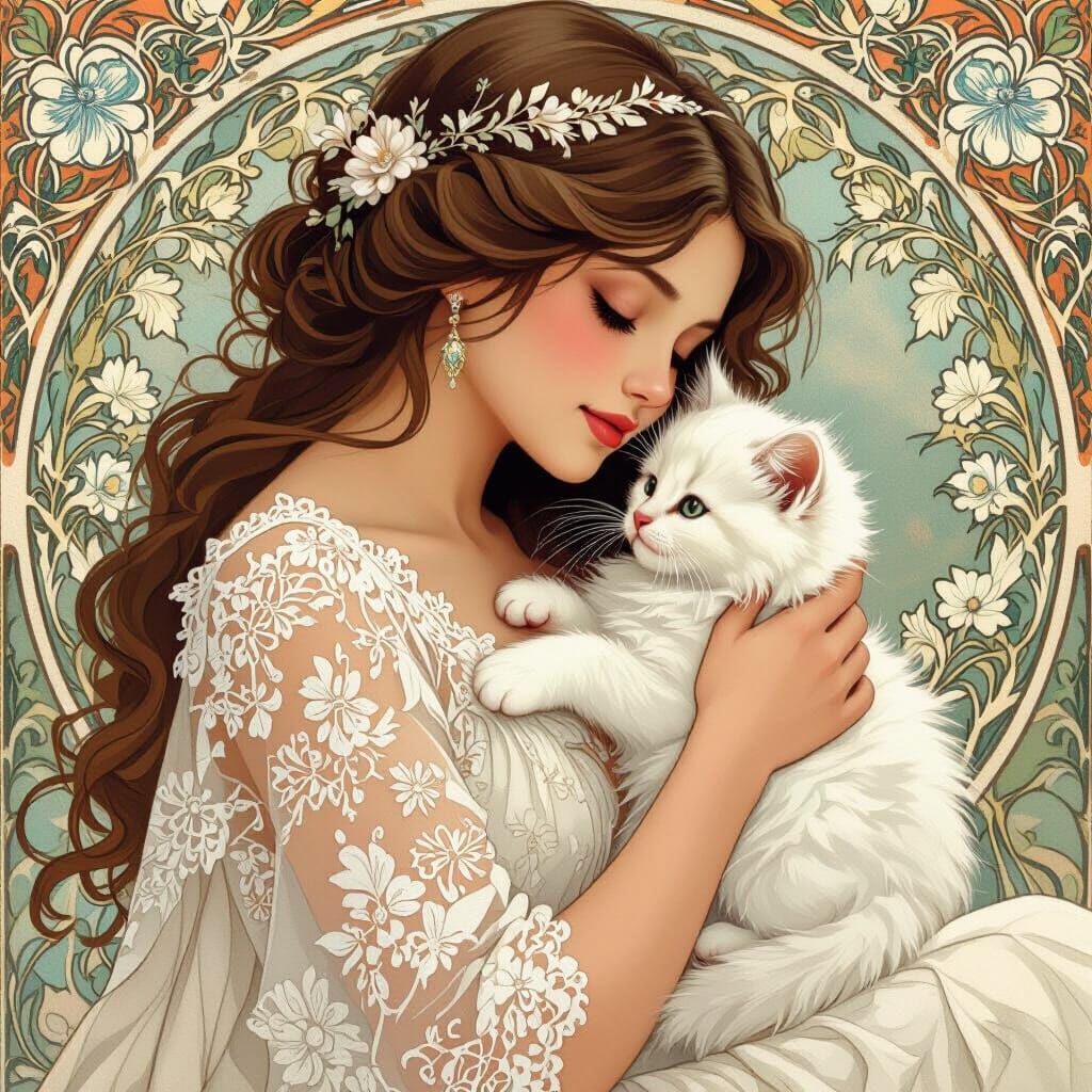 Woman with Kitten in Art Nouveau Style