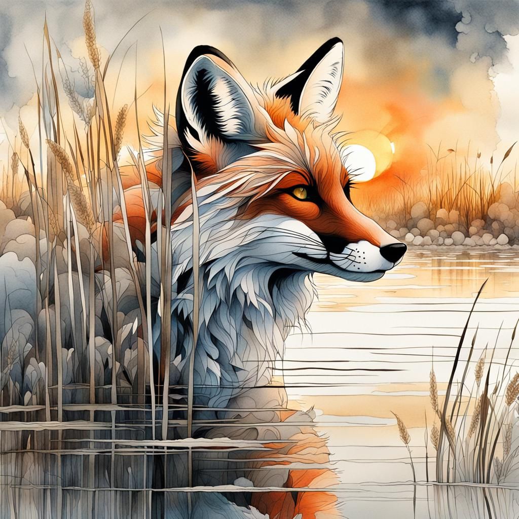 Fox in Reeds at Sunrise: Watercolor Manga Drawing
