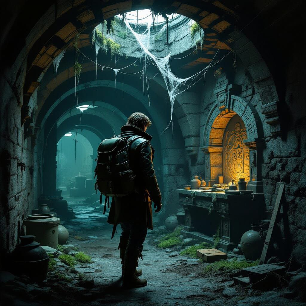 Explorer in Overgrown Basement: Matte Painting Style