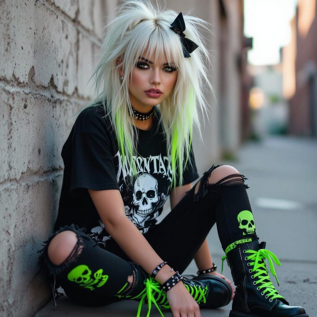 Photorealistic Young Woman in Urban Setting with Neon Hair