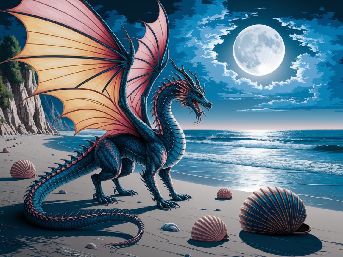 Gothic Dragon with Butterfly Wings on Moonlit Beach