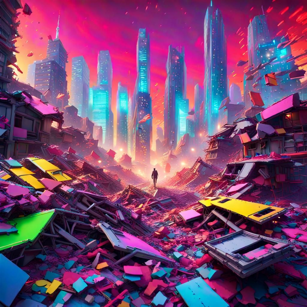 Cyberpunk Cityscape Collapses in Data Rift
