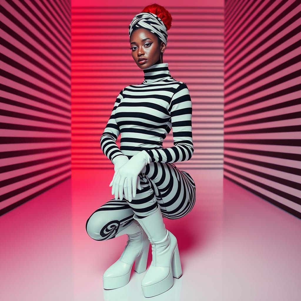 Futuristic Fashion Model in Neon Striped Jumpsuit