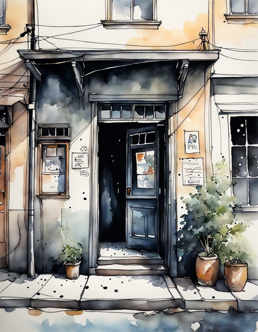 Abstract Bodega Entrance in Ink and Watercolor