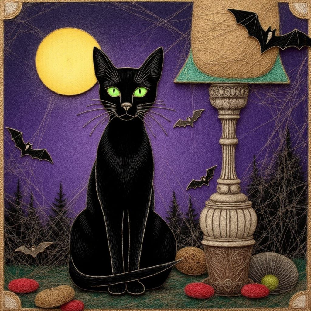 Gothic Halloween Collage: Bats, Spiders, Moon, and Cat