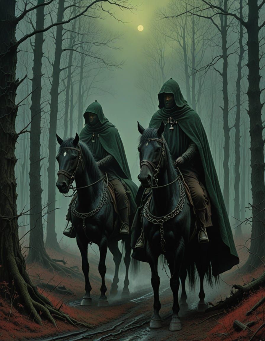 Mysterious Riders Emerge from Foggy Medieval Forest