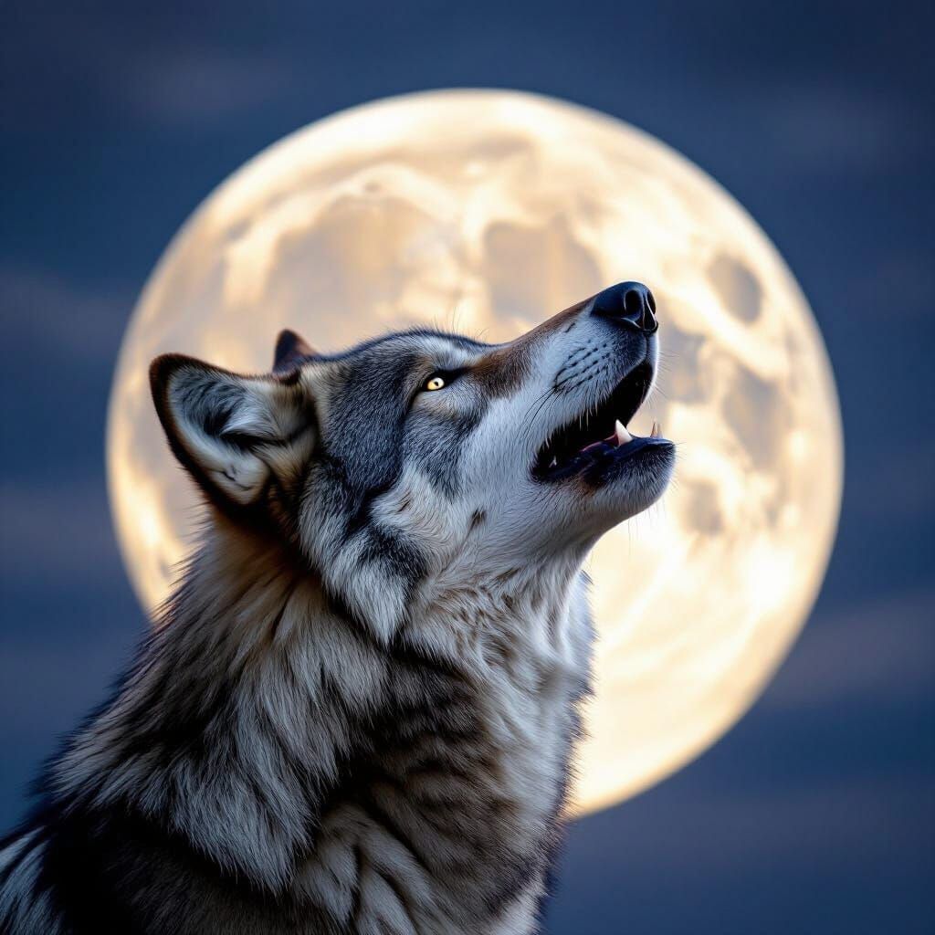 Photorealistic Grey Wolf Howling at Full Moon in Cinematic L...
