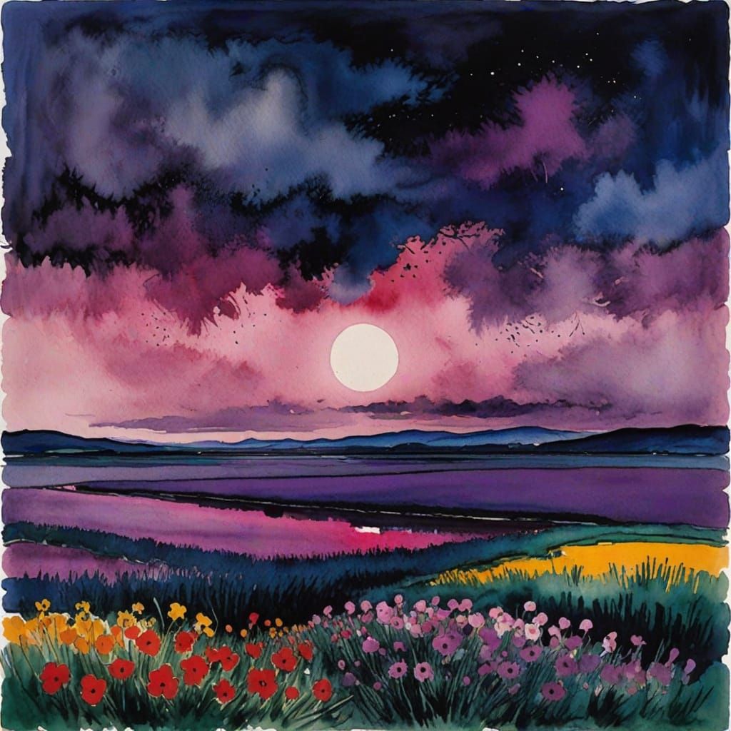 Vibrant Night Landscape in Watercolor