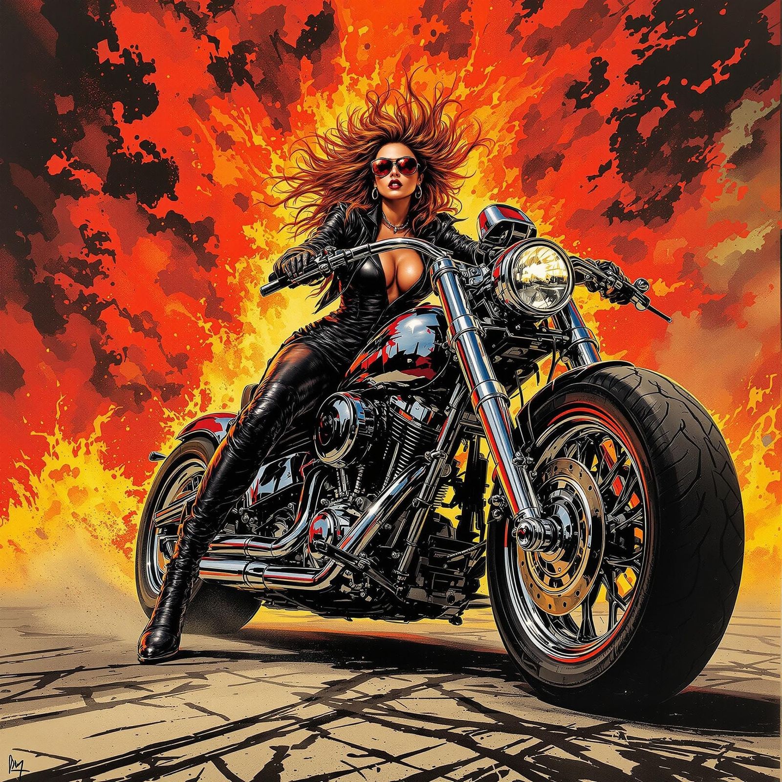 Apocalyptic Goddess on Chrome Beast in Fiery Grindhouse Styl...