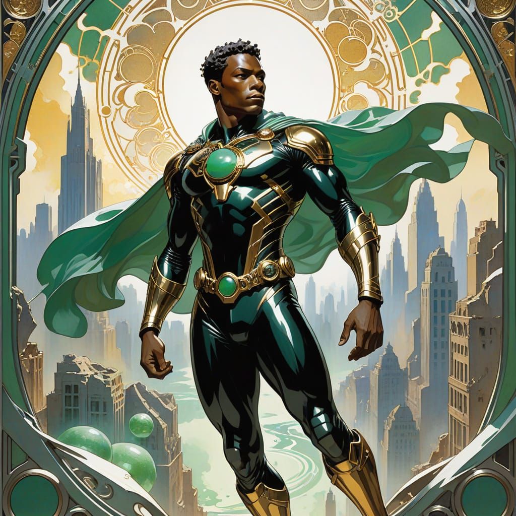 Heroic Superhero Soaring Over Futuristic Cityscape in Art No...