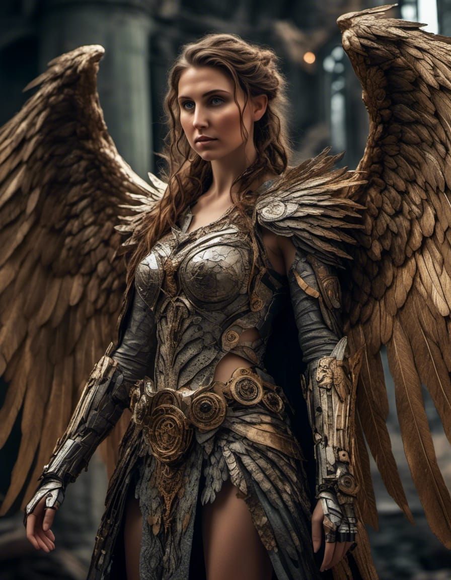 Mechanical Angel with Metal Wings in Cyborg Style