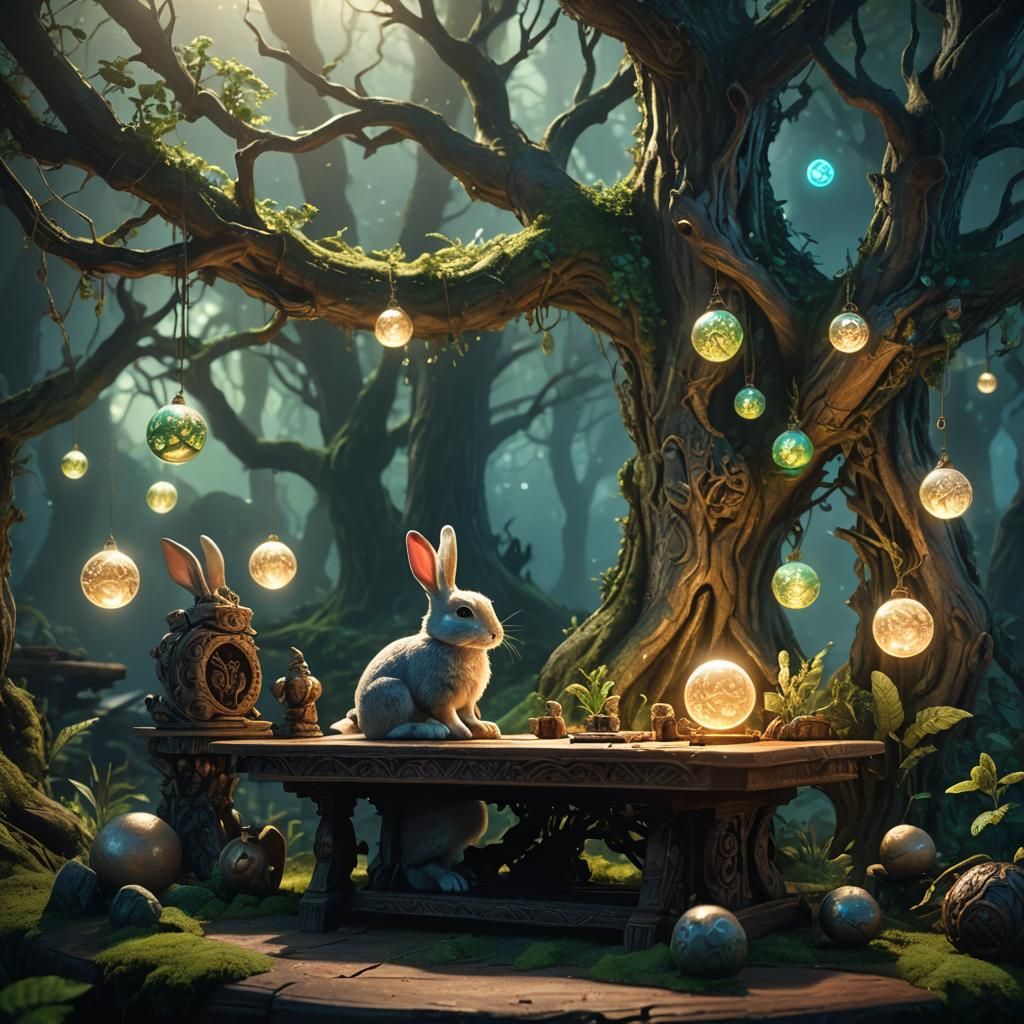 Fantasy Rabbit at Mystical Desk in Forest