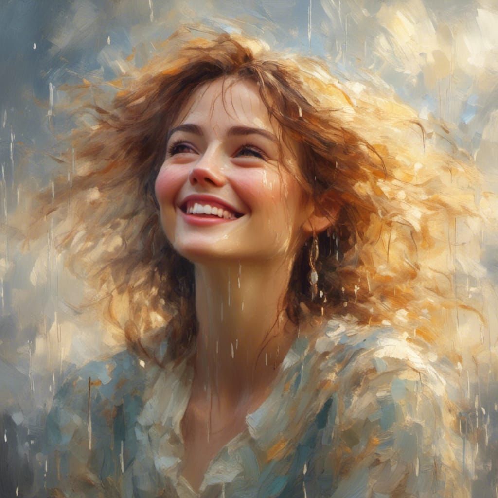 Woman Smiling in Gentle Rain: Impressionistic Portrait