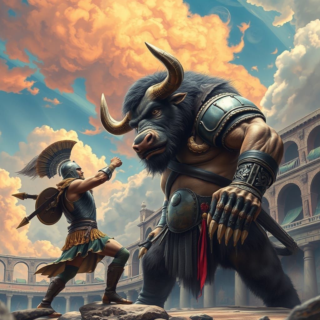 Minotaur vs. Soldier in Psychedelic Arena