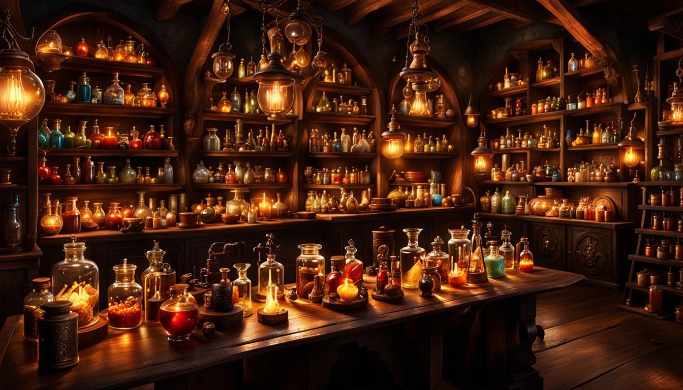 Detailed Alchemy Lab with Bubbling Potions