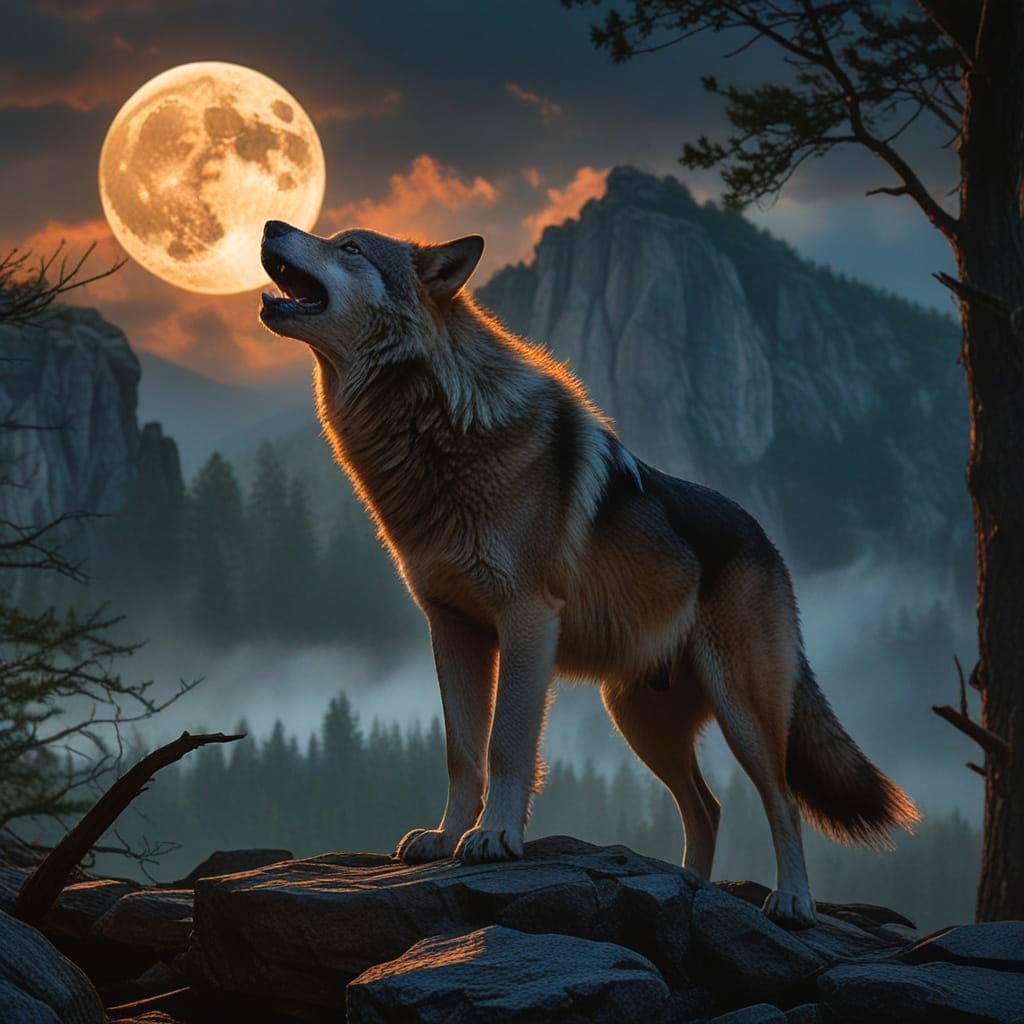 Lone Wolf Howling at Shattered Moon in Dark Fantasy Style