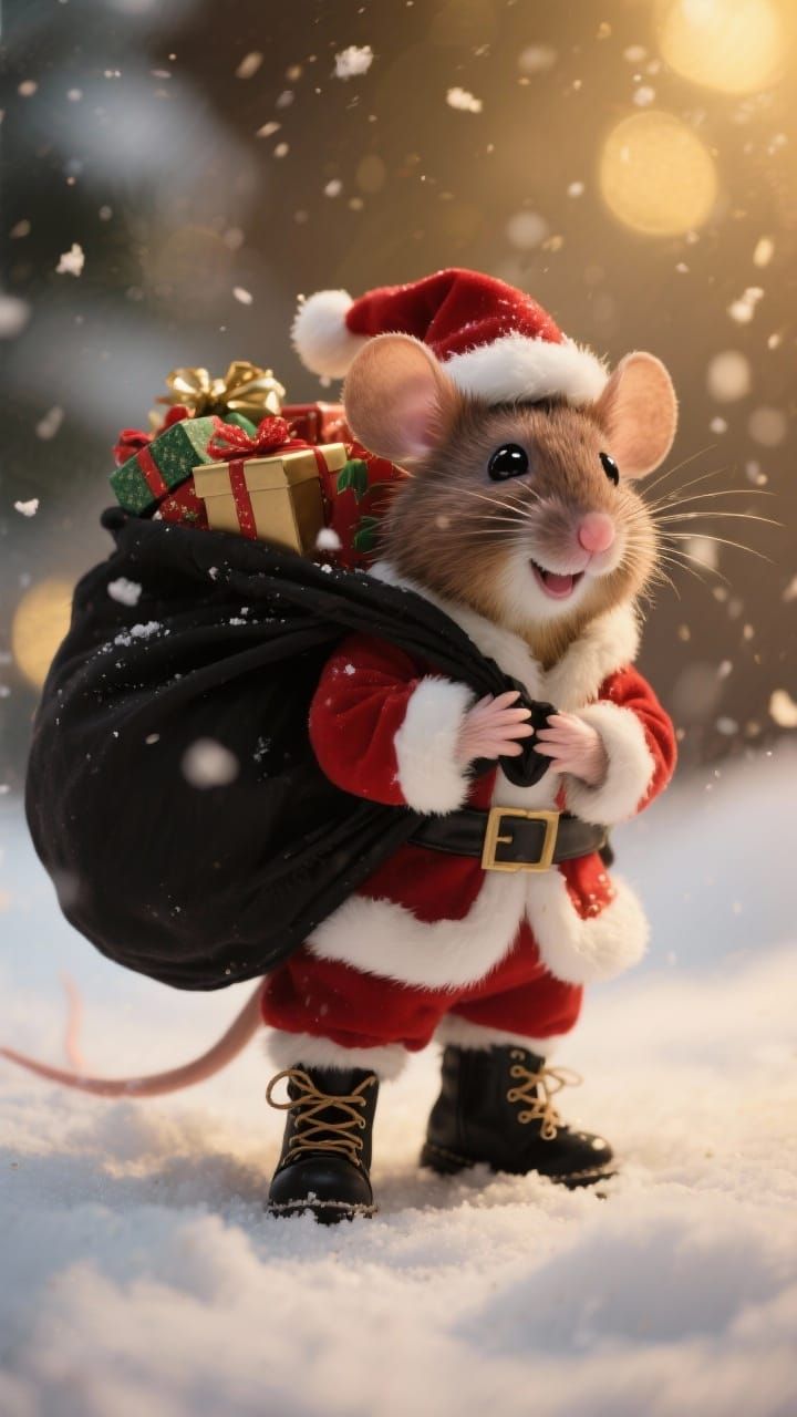 Cute Mouse in Santa Outfit with Presents in Snowy Scene