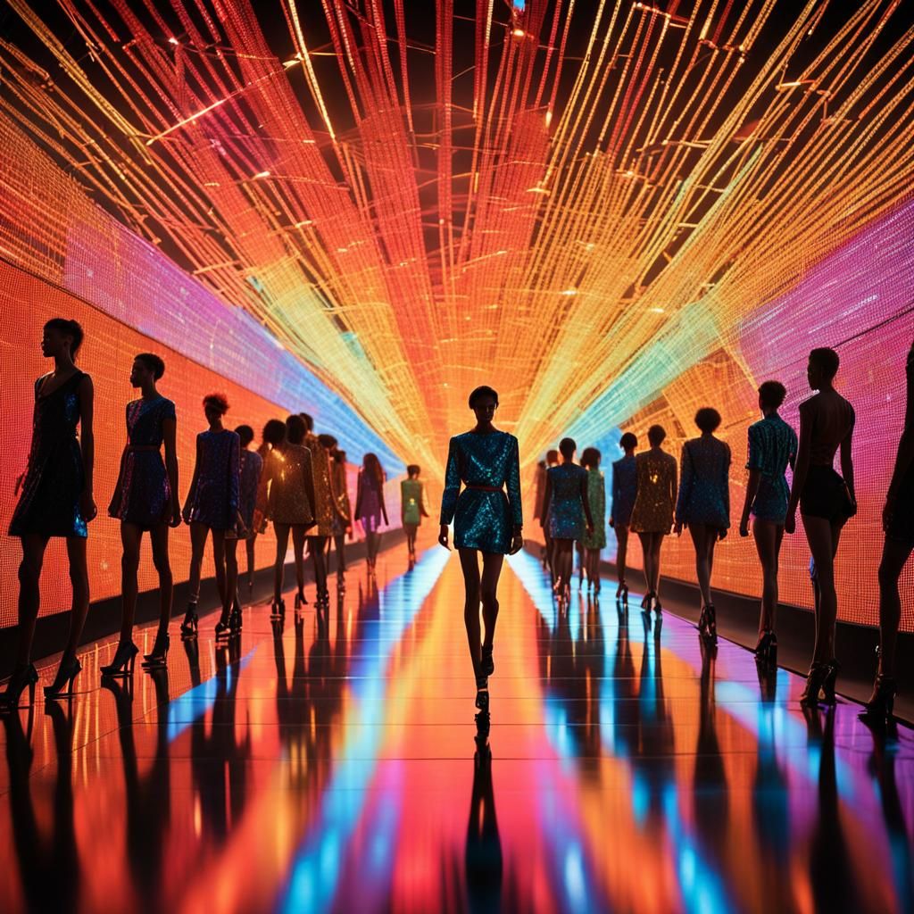 Models on Runway in Backlit, Colorful Outfits