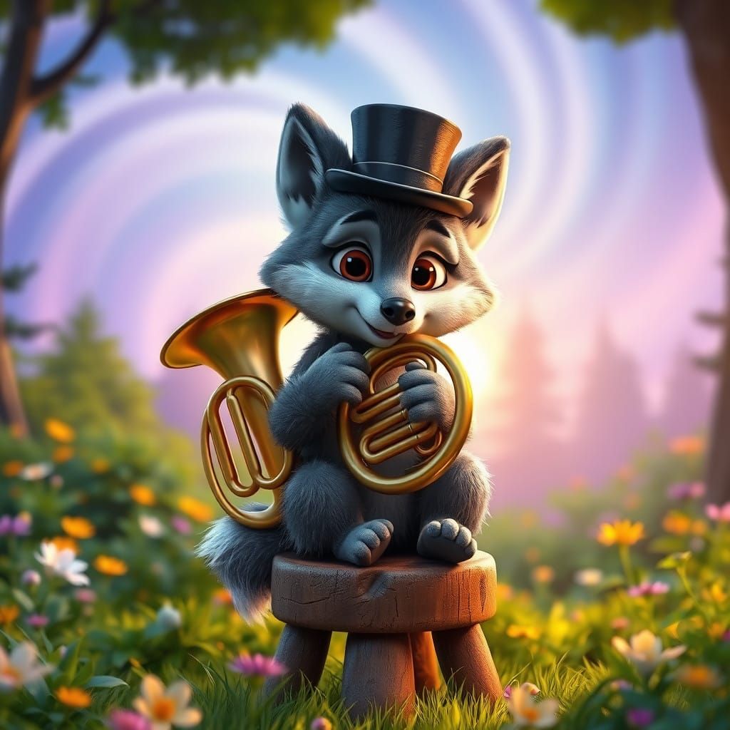 Whimsical Gray Wolf Tuba Player in Enchanted Forest