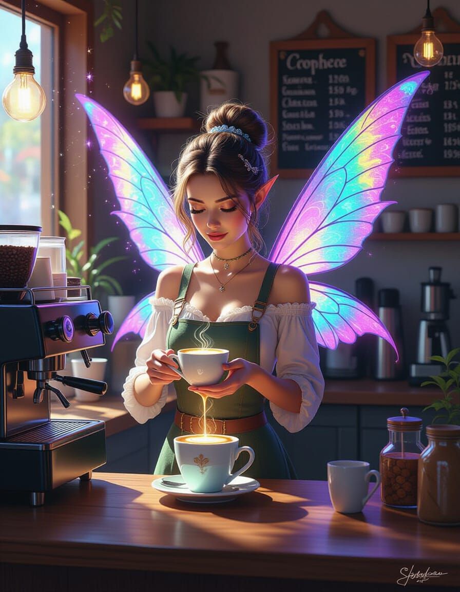 Fae Barista Crafts Magical Coffee in Enchanted Cafe