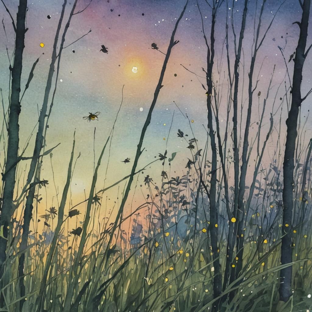 Fireflies at Sunset in Watercolor Style