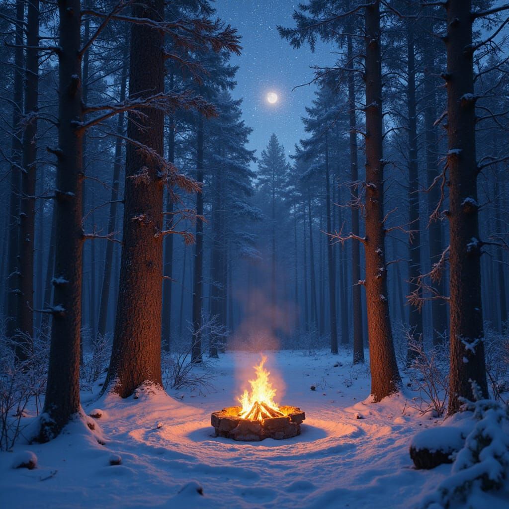 Campfire Lights Dance in Snowy Fae Forest