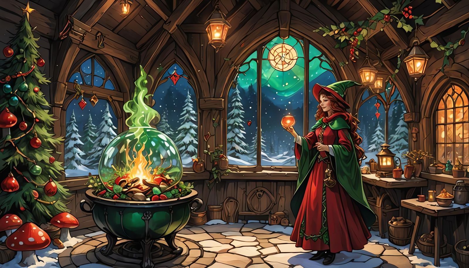 Whimsical Winter Wizardess Enchants Festive Cabin