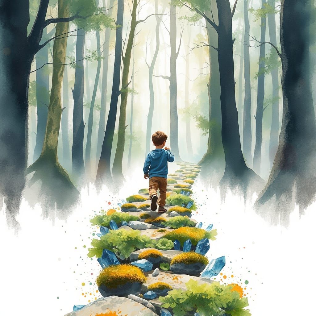 Whimsical Forest Crystal Pathway in Dreamy Watercolour