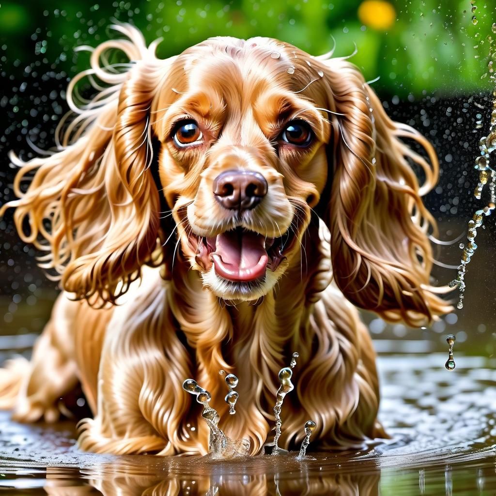 Happy Cocker Spaniel Playing in Summer Rain