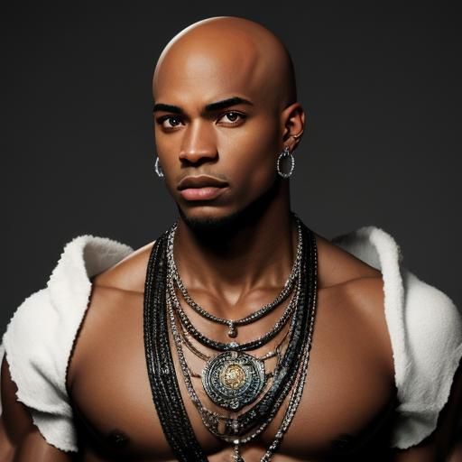 Young muscular black man, bald, with earrings and necklace