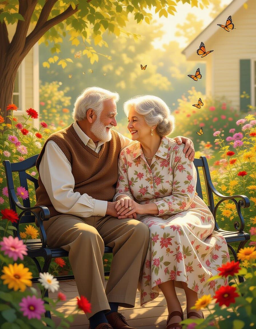 Elderly Couple Holding Hands in Sunny Garden