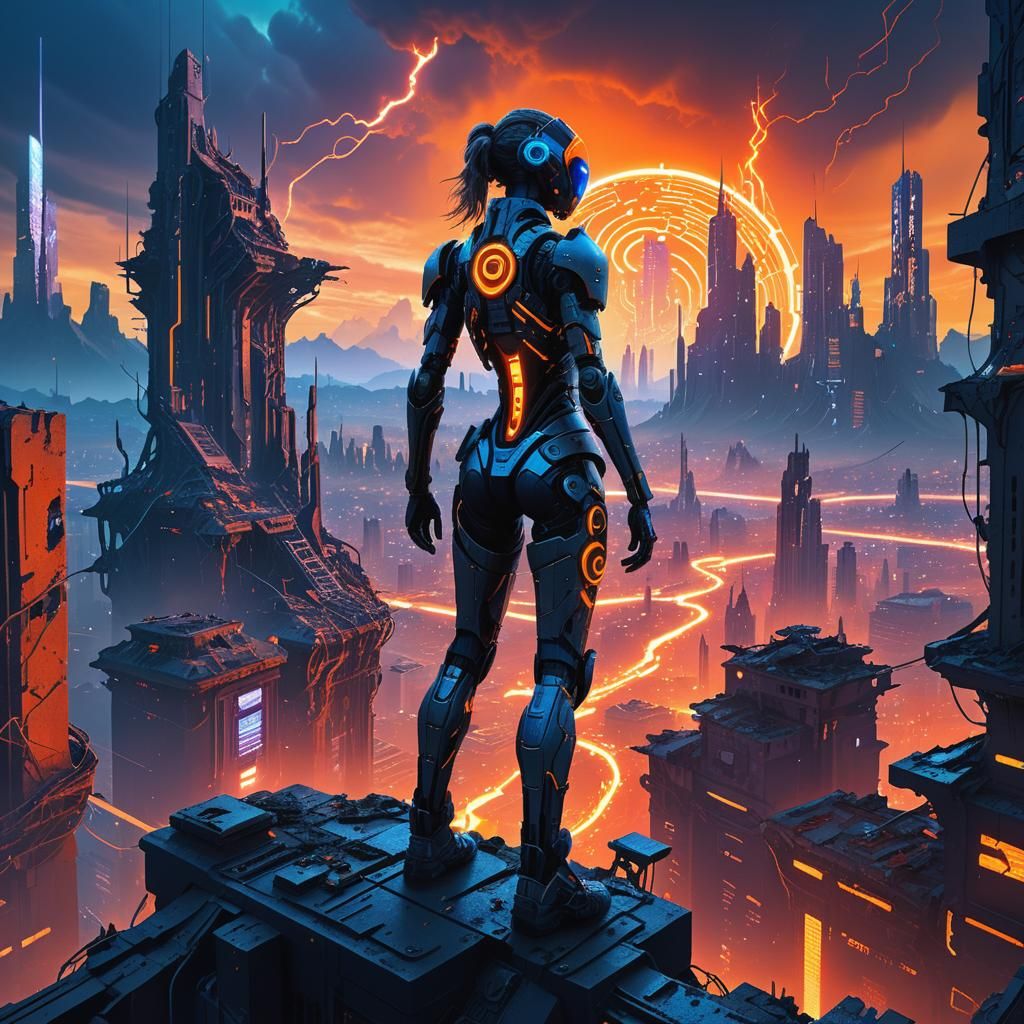 Rogue AI Overlooks Ruined Cyberpunk Cityscape