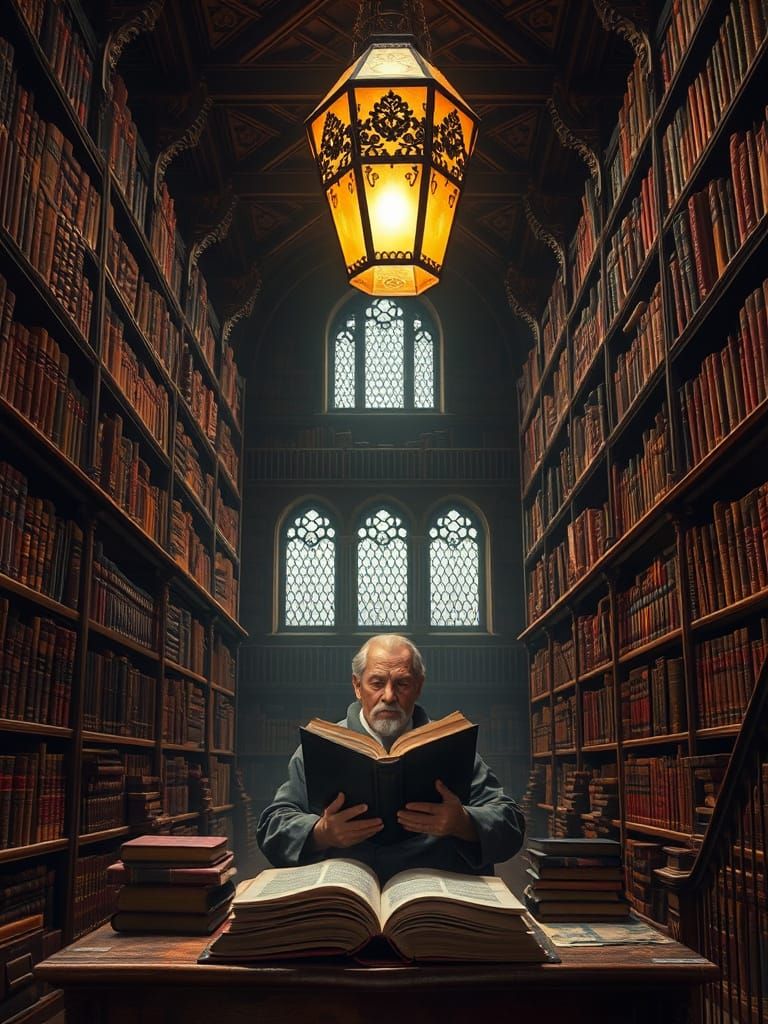 Scholar Reading by Lantern Light in Library