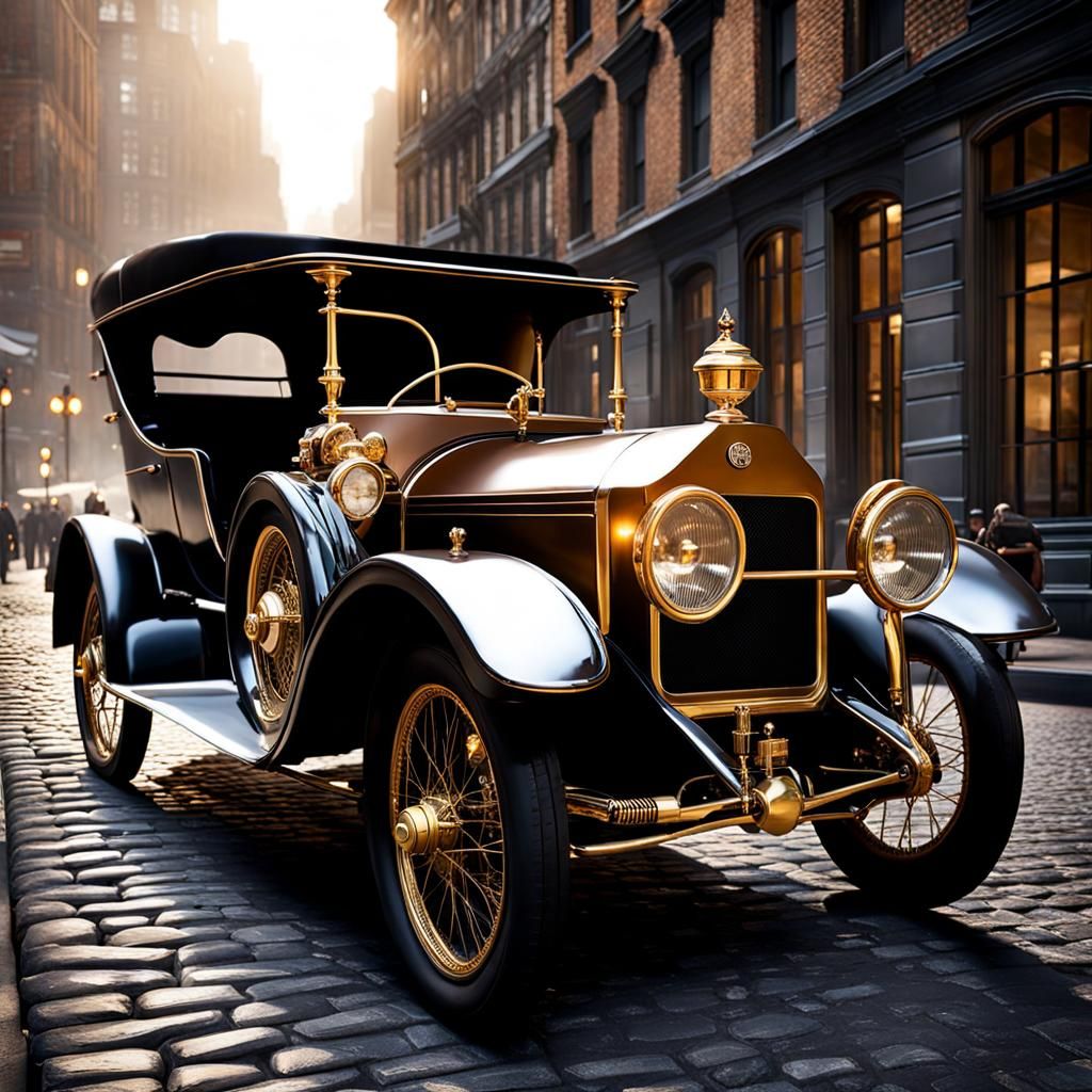 Steampunk Car on Cobblestone Street