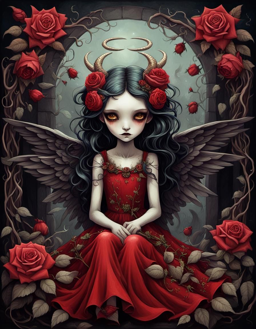 Dark Fantasy Angel with Roses and Horns