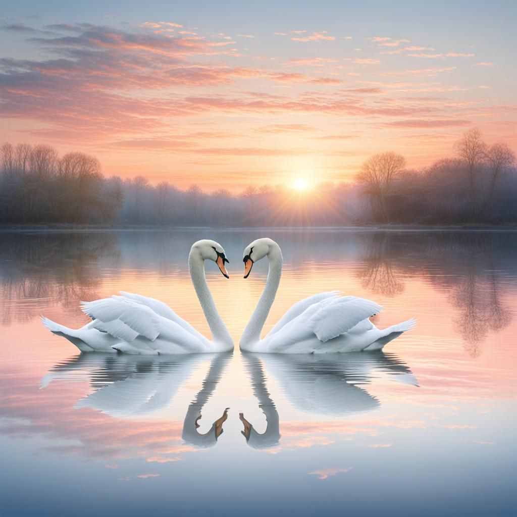 Majestic Swans Glide on Lake at Dawn