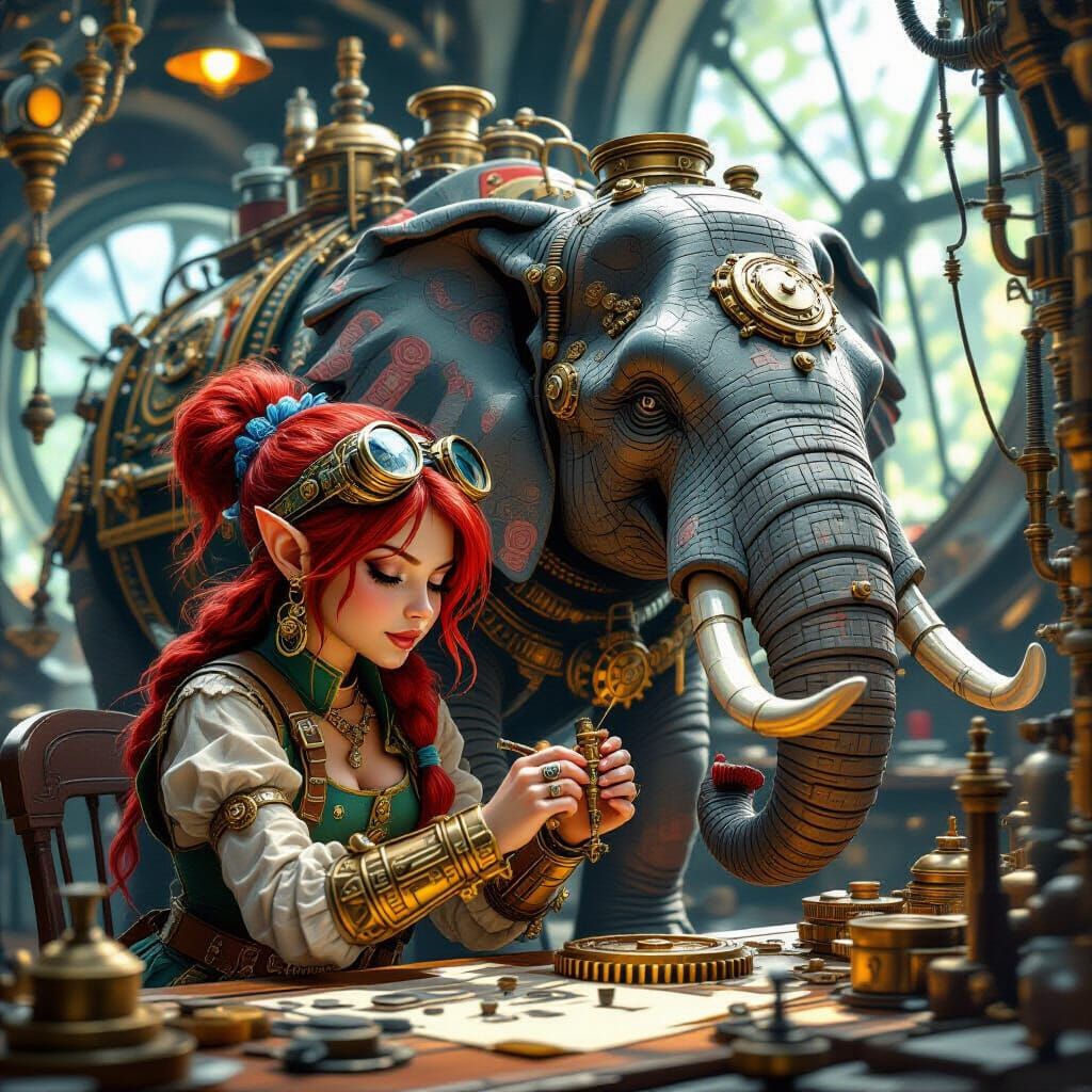 Steampunk Gnome Tinkerer With Mechanical Elephant