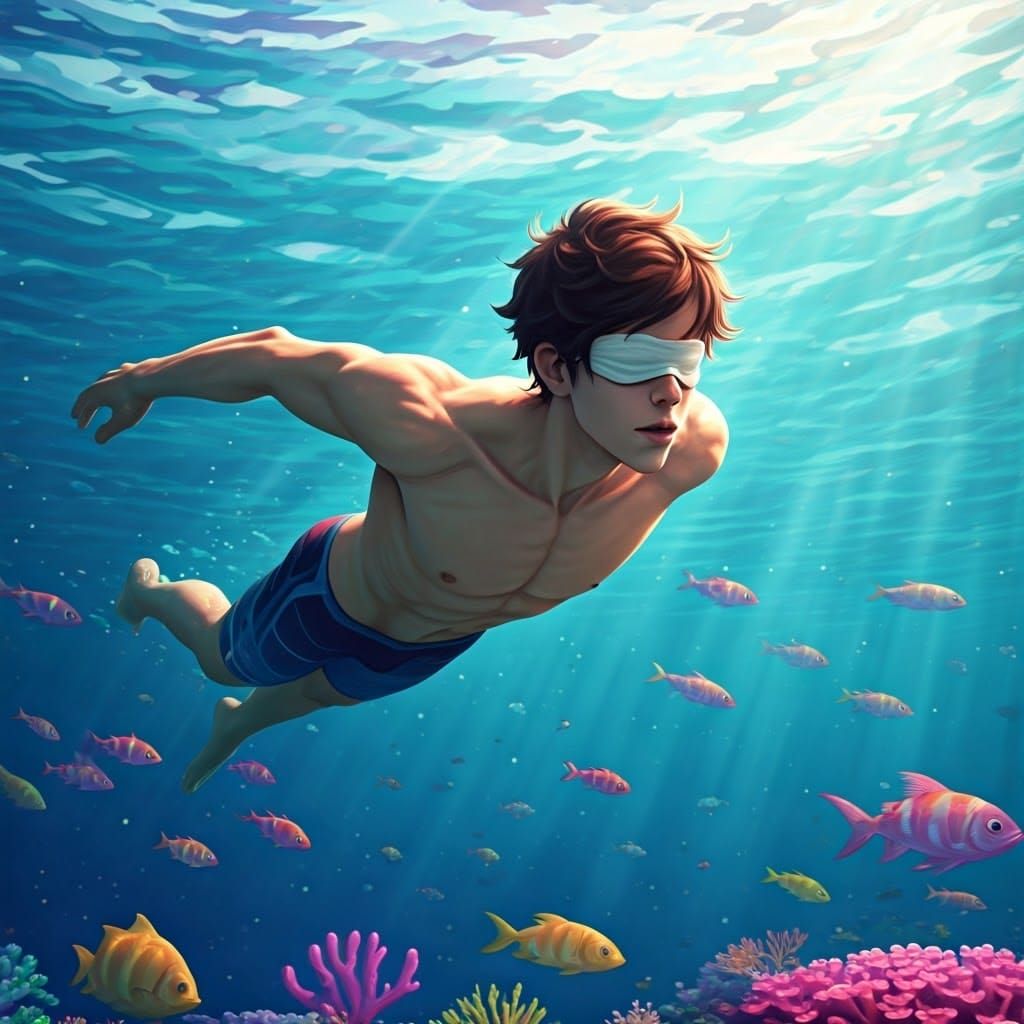 Blind Swimmer in Serene Ocean: 3D Anime Art