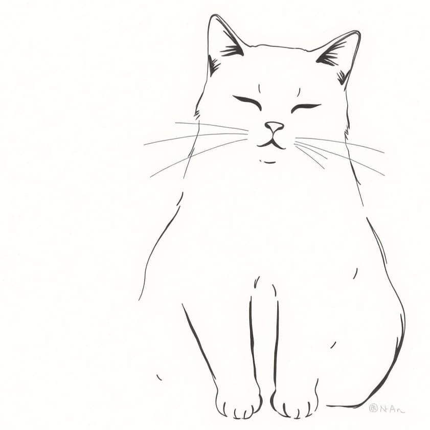 Whimsical Japanese Cat in Traditional Ink Drawing Style